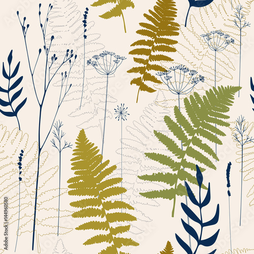 Vector floral seamless pattern with  wild meadow  grasses, fern leaves, laven...