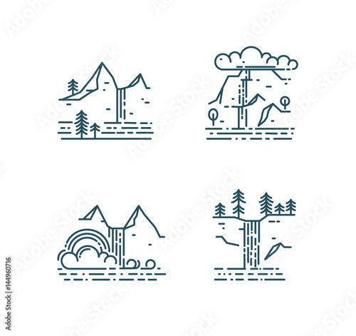 Waterfall and mountain landscape set