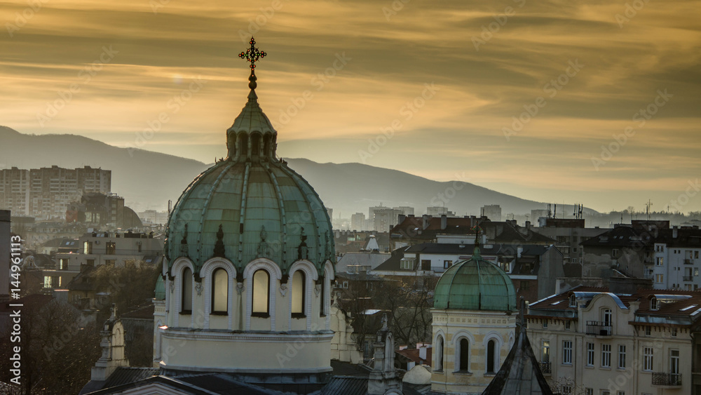 Beautiful sunset over Temple St. St. Cyril and Methodius against the backdrop of Vitosha Mountain in Sofia. Bulgaria