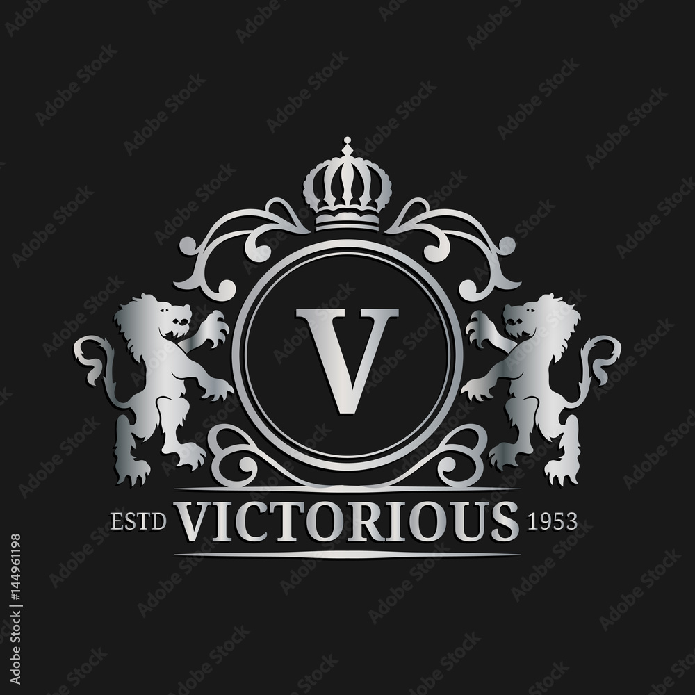 Vector monogram logo template. Luxury letter design. Graceful vintage character with crown and lions illustration. Vector monogram logo template. Luxury letter design. Graceful vintage character with crown and lions illustration.