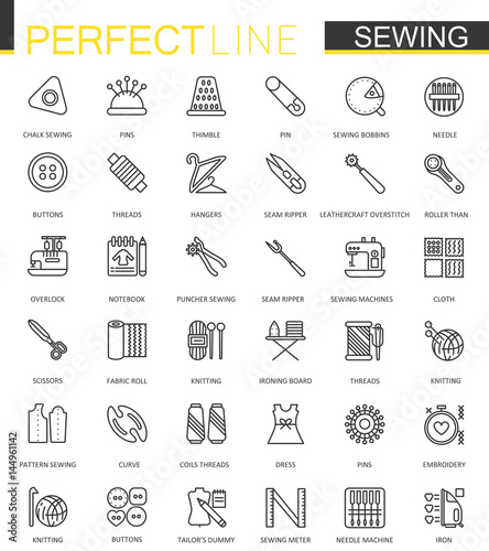 Sewing equipment thin line web icons set. Outline needlework icon design.