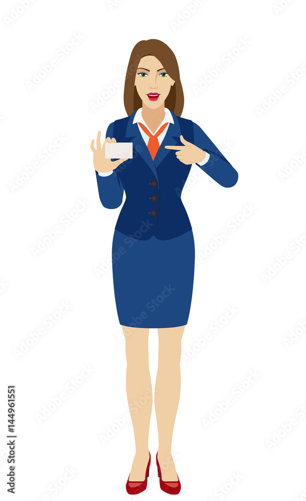 Businesswoman pointing on business card Businesswoman pointing on business card
