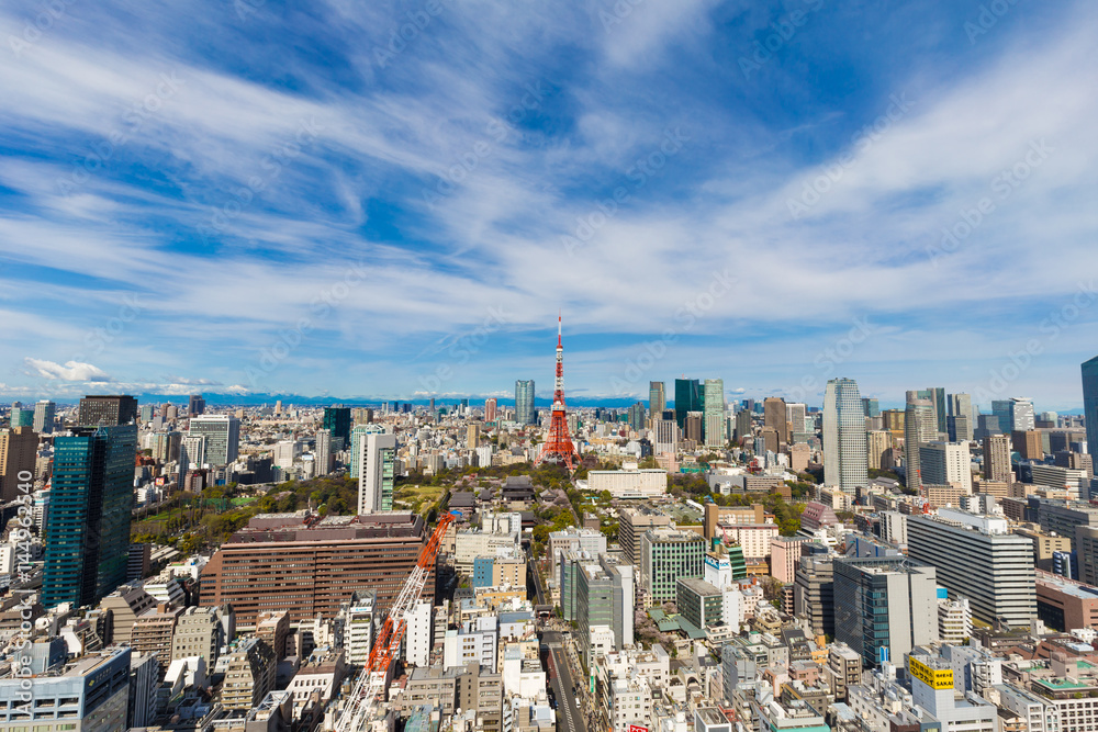 Fototapeta premium Tokyo cityscape of building and red tower blue sky background