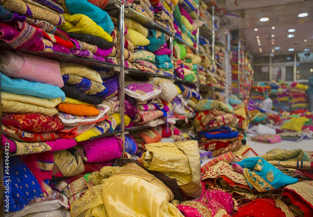 Sari Shop. Indian Traditional Women's Sari clothing on Market. Buying Wedding Sari
