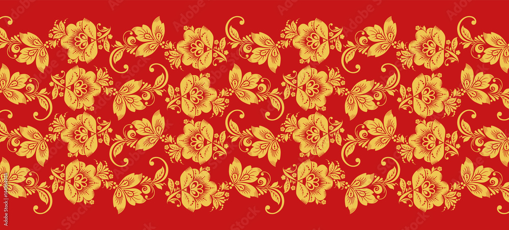 Hohloma branch lines seamless pattern vector. Russian traditional ornament in red and gold colors. Classic khokhloma floral background Hohloma branch lines seamless pattern vector. Russian traditional ornament in red and gold colors. Classic khokhloma floral background