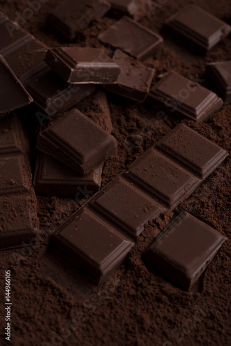 Dark chocolate tile pieces covered in chocolate powder