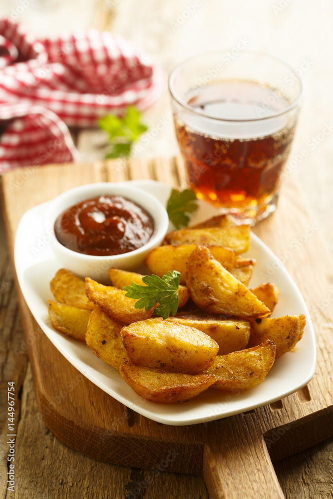 Baked potato wedges with tomato sauce