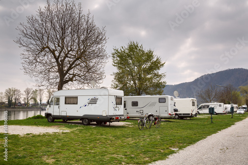 A campsite for RVs at the bank of the river Danube opposite the town Duernstein. Lower Austria.