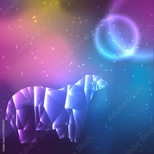 Low poly crystal polar bear. Space background with stars and planets.
