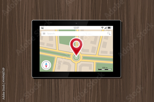 Find Location. Tablet PC showing interface of a map application. Vector illustration on the subject of 'Mobile Technology'.