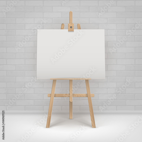 Vector Wooden Brown Sienna Easel with Mock Up Empty Blank Horizontal Canvas Standing on Floor in front of Brick Wall