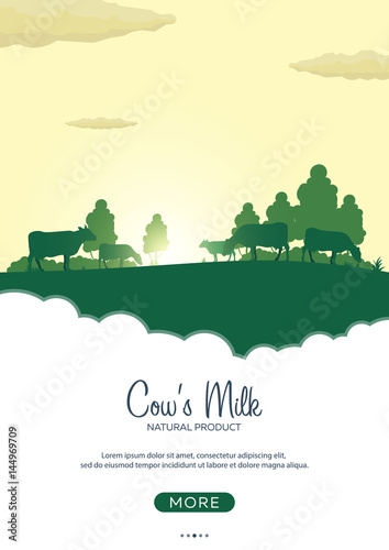 Poster Milk natural product. Rural landscape with mill and cows. Dawn in the village.