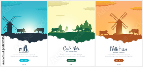Set of Poster Milk natural product. Rural landscape with mill and cows. Dawn in the village.