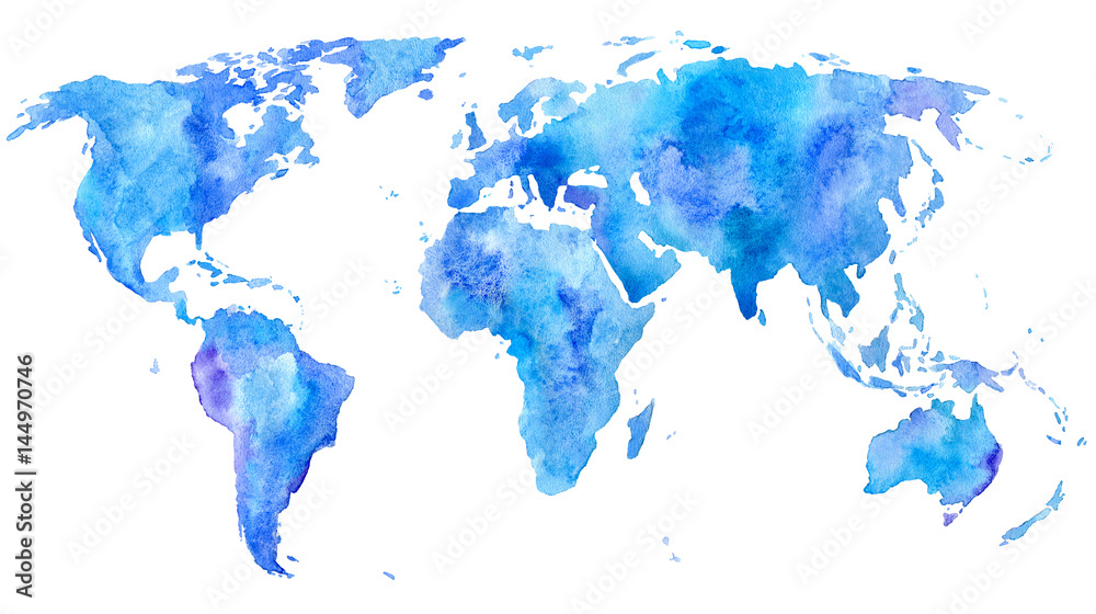 Obraz premium Mapa świata. Ziemia. Akwarele ręcznie rysowane ilustracji. Białe tło.