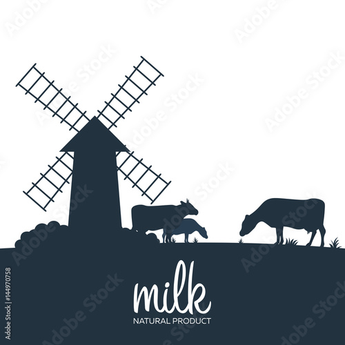 Milk natural product. Rural landscape with mill and cows. Dawn in the village.