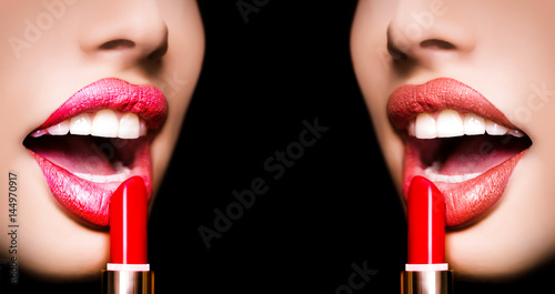 Matte and glossy lipstick set or collage. Lips with lipstick closeup, sensual female. Two women Faces With Red Lipstick On Full Lips. Beauty Cosmetics, Makeup Concept