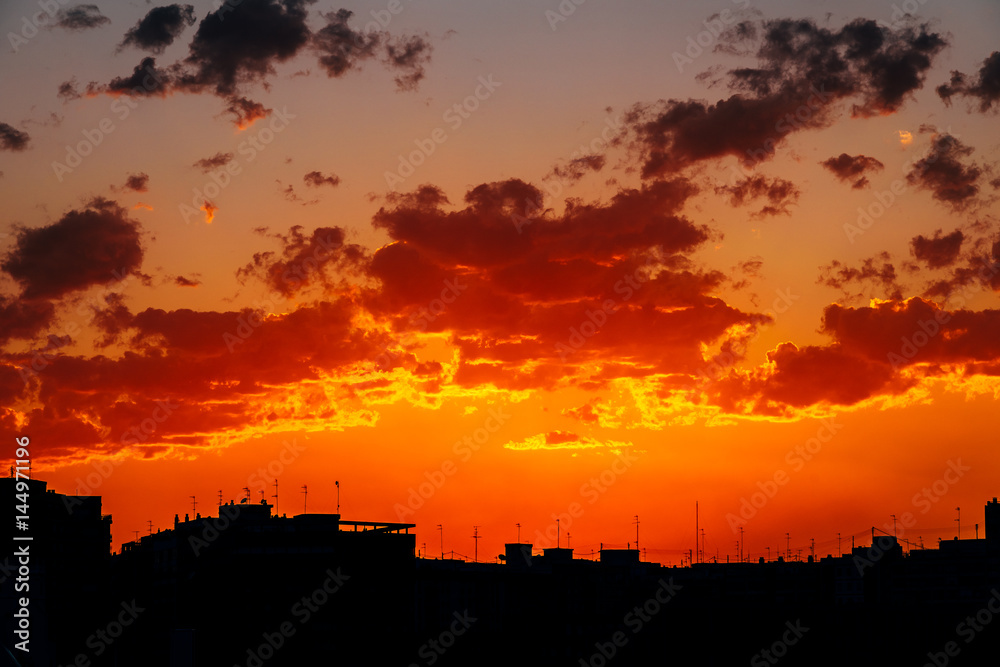 Beautiful Summer Sunset Over Valencia City Skyline Silhouette