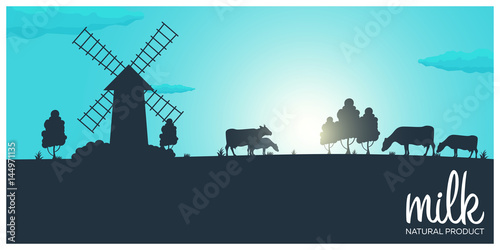 Milk natural product. Rural landscape with mill and cows. Dawn in the village.