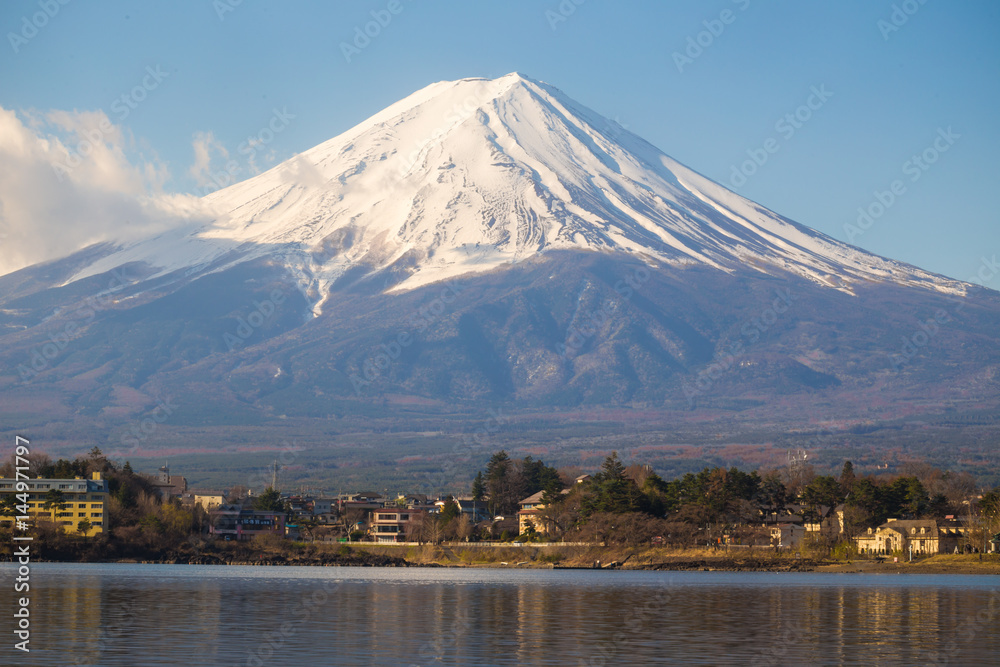 Mount fuji san at Lake kawaguchiko close up on top view with snow in Yamanashi Prefecture