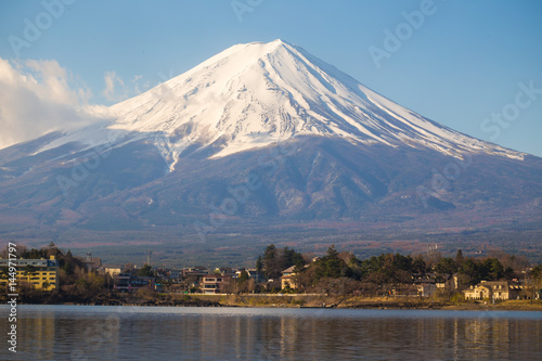 Mount fuji san at Lake kawaguchiko close up on top view with snow in Yamanashi Prefecture
