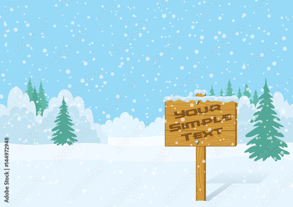 Fototapeta premium Wood Sign for Your Text in Winter Forest on Snowing Christmas Landscape, Background for Your Design. Eps10, Contains Transparencies. Vector