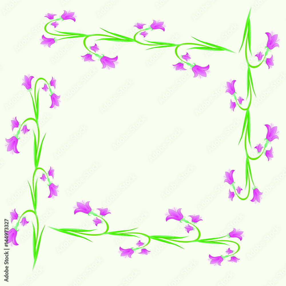 Frame of green stems and purple flowers for cards, certificates, invitations