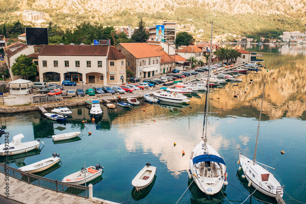 Sailboat mooored in the marina of Kotor village on Kotor Bay