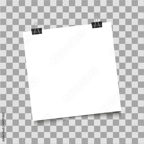 Paper with binder clip with shadow on transparent background. Vector illustration. 