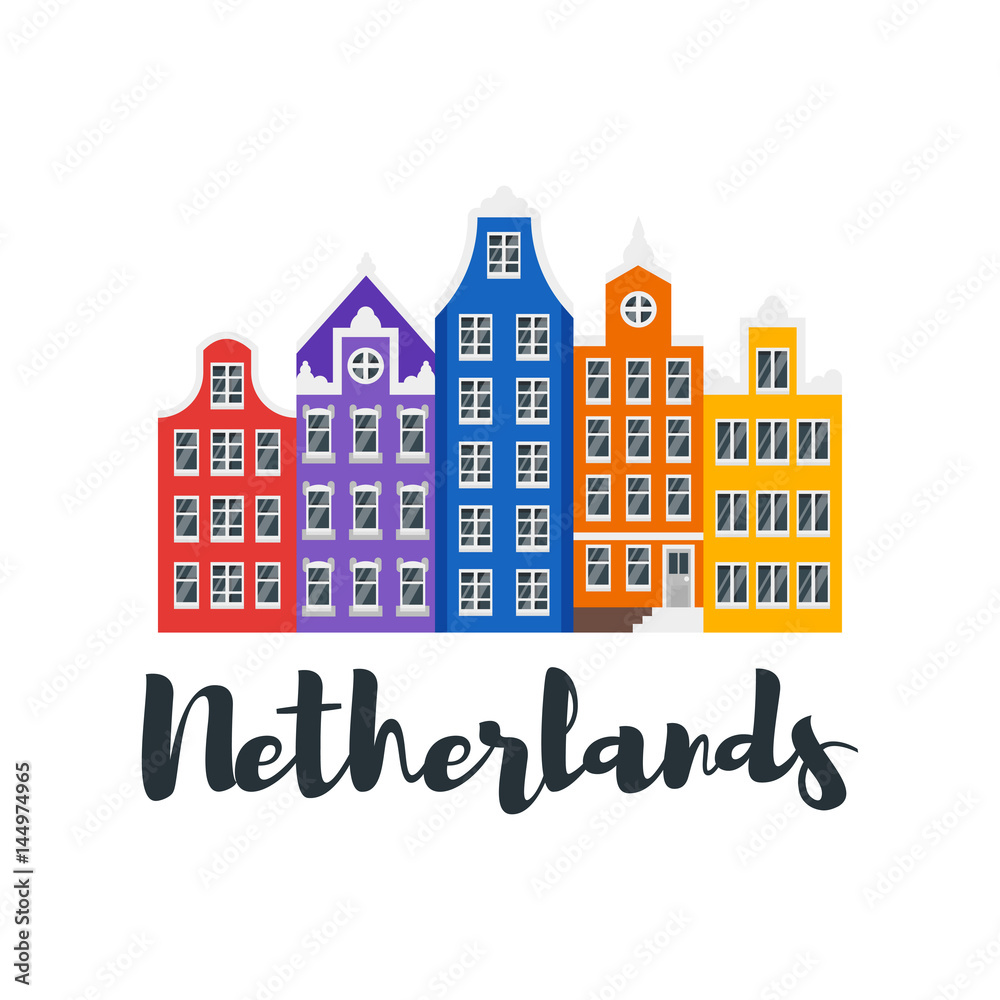 Vector flat style illustration of Netherlands traditional houses.
