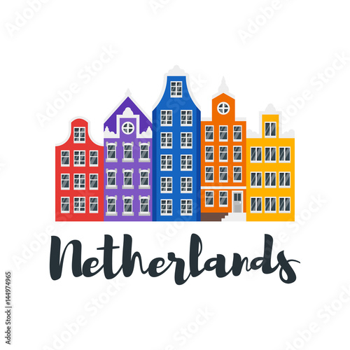 Vector flat style illustration of Netherlands traditional houses.
