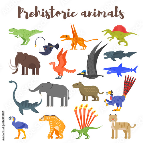 Vector flat style set of colorful prehistoric dinosaurs and animals. 