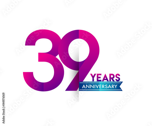 thirty nine years anniversary celebration logotype colorful design with blue ribbon, 39th birthday logo on white background photo