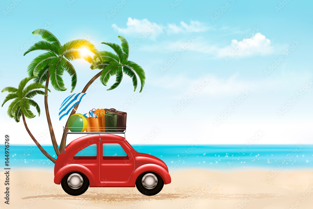 Obraz premium Beach background with a tourist car. Vector.