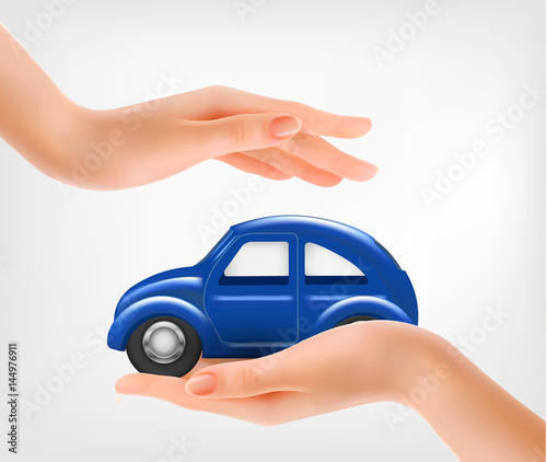 Hands, holding a blue model car. Vector.