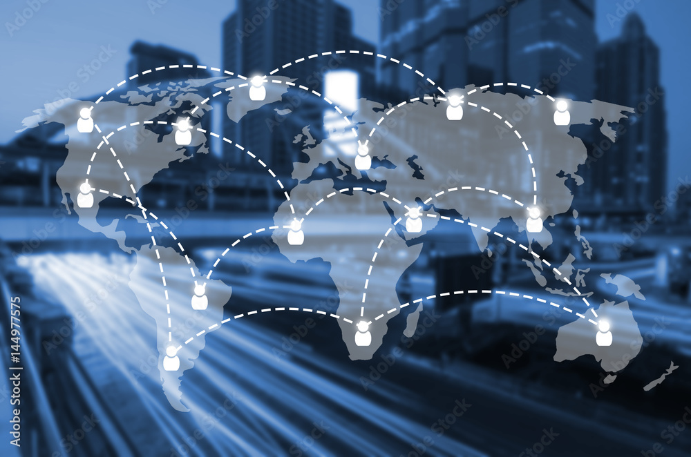Fototapeta premium world map global media connection on blurred night city background, business, network connection and technology concept, color tone effect.