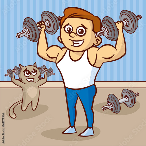 Young man and cat with dumbbells
