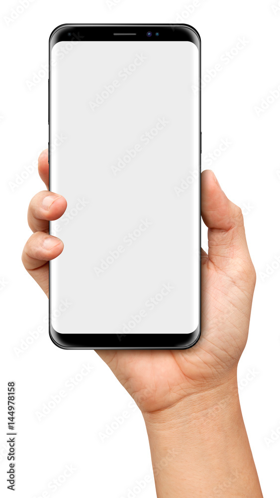 Hand holding Black Smartphone with blank screen on white background Hand holding Black Smartphone with blank screen on white background