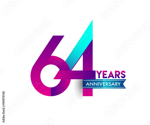 sixty four years anniversary celebration logotype colorful design with blue ribbon, 64th birthday logo on white background photo