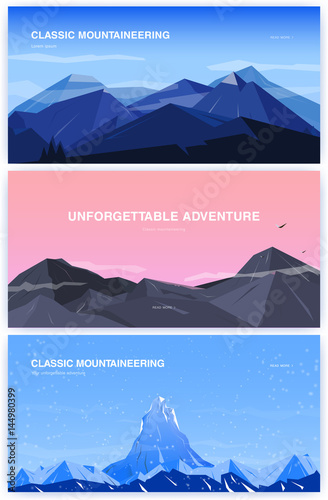 Set of horizontal background with mountains. mountaineering concept with place for text. Banner in cartoon, flat style. Colorful illustration.