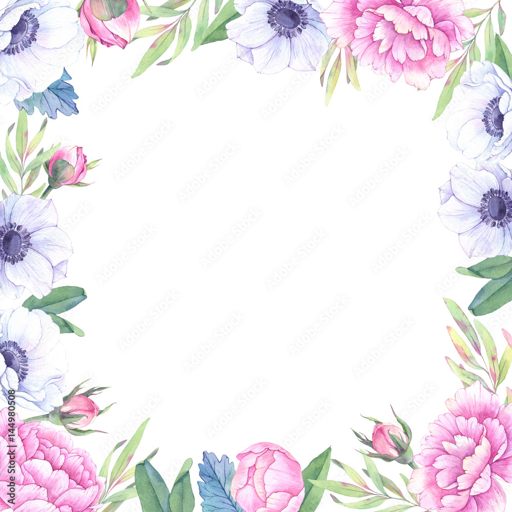 custom made wallpaper toronto digitalWatercolor illustration. Floral frame with spring flowers. Wedding invitation/greeting card with leaves, peonies, anemones. Ready to use card. Save the date.