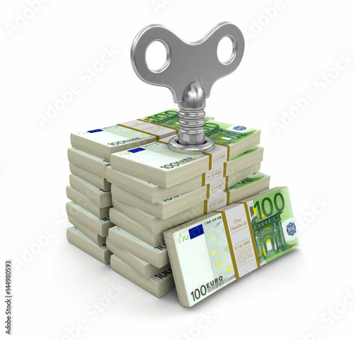 Pile of Euros with winding key. Image with clipping path