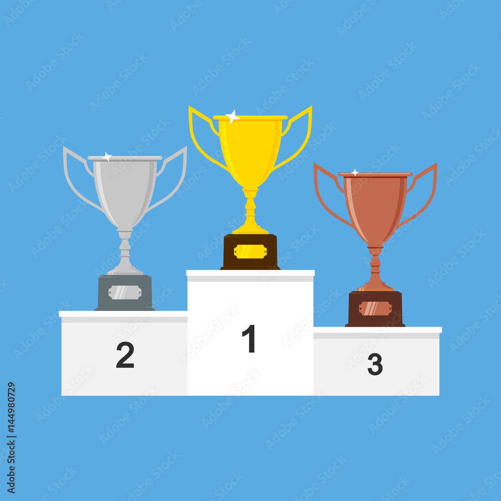 Vector winners podium with gold, silver and bronze trophy cups or awards. Vector winners podium with gold, silver and bronze trophy cups or awards.