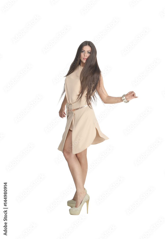 fashion model portrait in brown evening dress