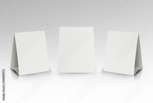 White Paper Stand Table Tag Flyer Vector Stationery Brochure. Paper Vertical Cards On White Background With Reflections. Front, Left And Right View.