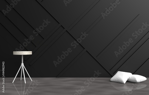 Grey empty room are decorated with white pillows, grey chair, black wood wall it is grid pattern and the cement floor with the reflection of natural light. 3d render