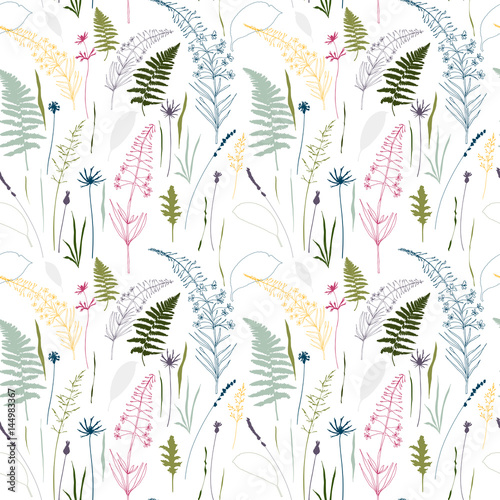 Floral vector seamless pattern with fern leaves, cornflowers, fireweed, thist...