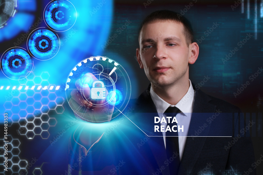 Business, Technology, Internet and network concept. Young businessman working on a virtual screen of the future and sees the inscription: Data breach Business, Technology, Internet and network concept. Young businessman working on a virtual screen of the future and sees the inscription: Data breach