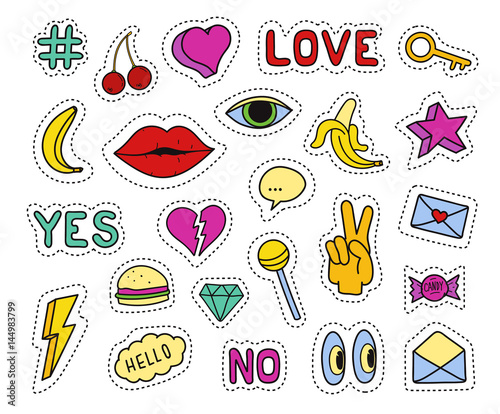 Set of fashion patches. Different badges and pins. Hearts, lips, cherry, banana, eye, key, lollipop, hashtags and diamond icons. Trendy vector pictograms in cartoon 80s-90s comic style.
