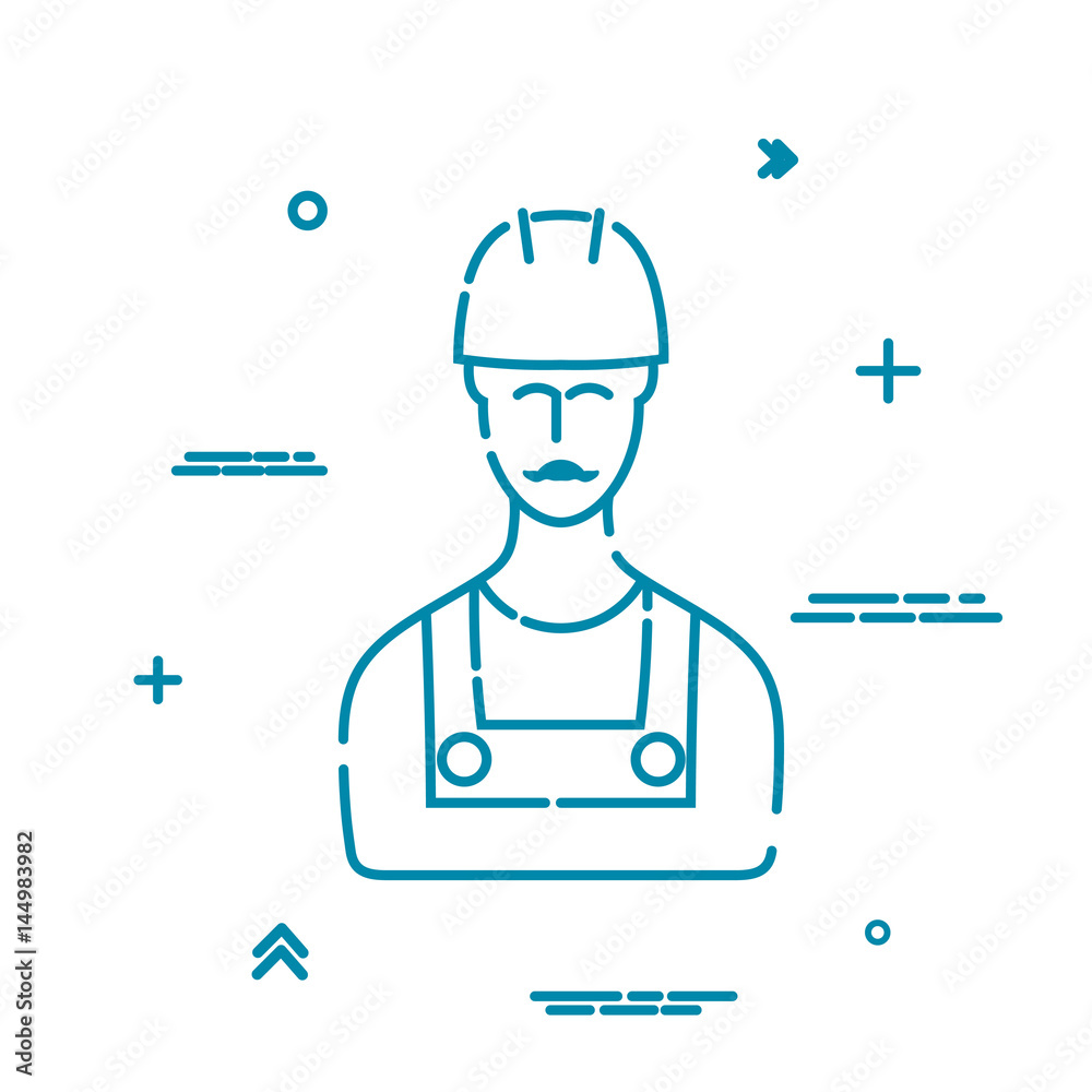 Silhouette of builder, man in uniform and helmet, isolated on white background. Linear style. Vector illustration. Silhouette of builder, man in uniform and helmet, isolated on white background. Linear style. Vector illustration.