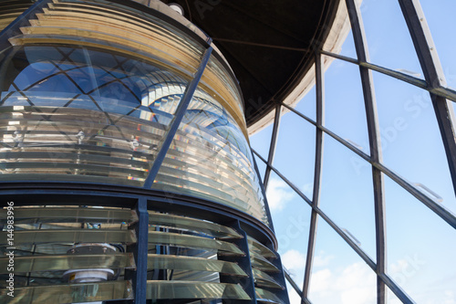 Inside the lamp room of a lighthouse, showing the prisms that magnify the light